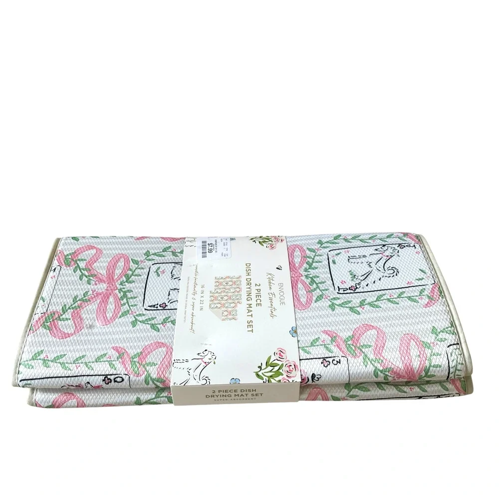 ENVOGUE Kitchen Dish Drying Mat 16x22 Set of 2 Pink Bows & Posh Dogs NEW